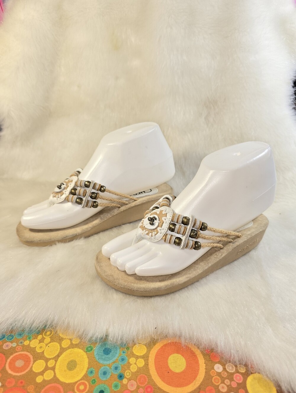 Cherokee Cream & Beige Suede Beaded  Thong/Wedge Sandals - Women